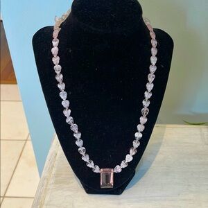 Sweet handcrafted Pink frosted Heart Necklace with glass drop and sterling clasp